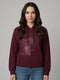 Women Maroon Self Design Hooded Full Sleeve Sweatshirt