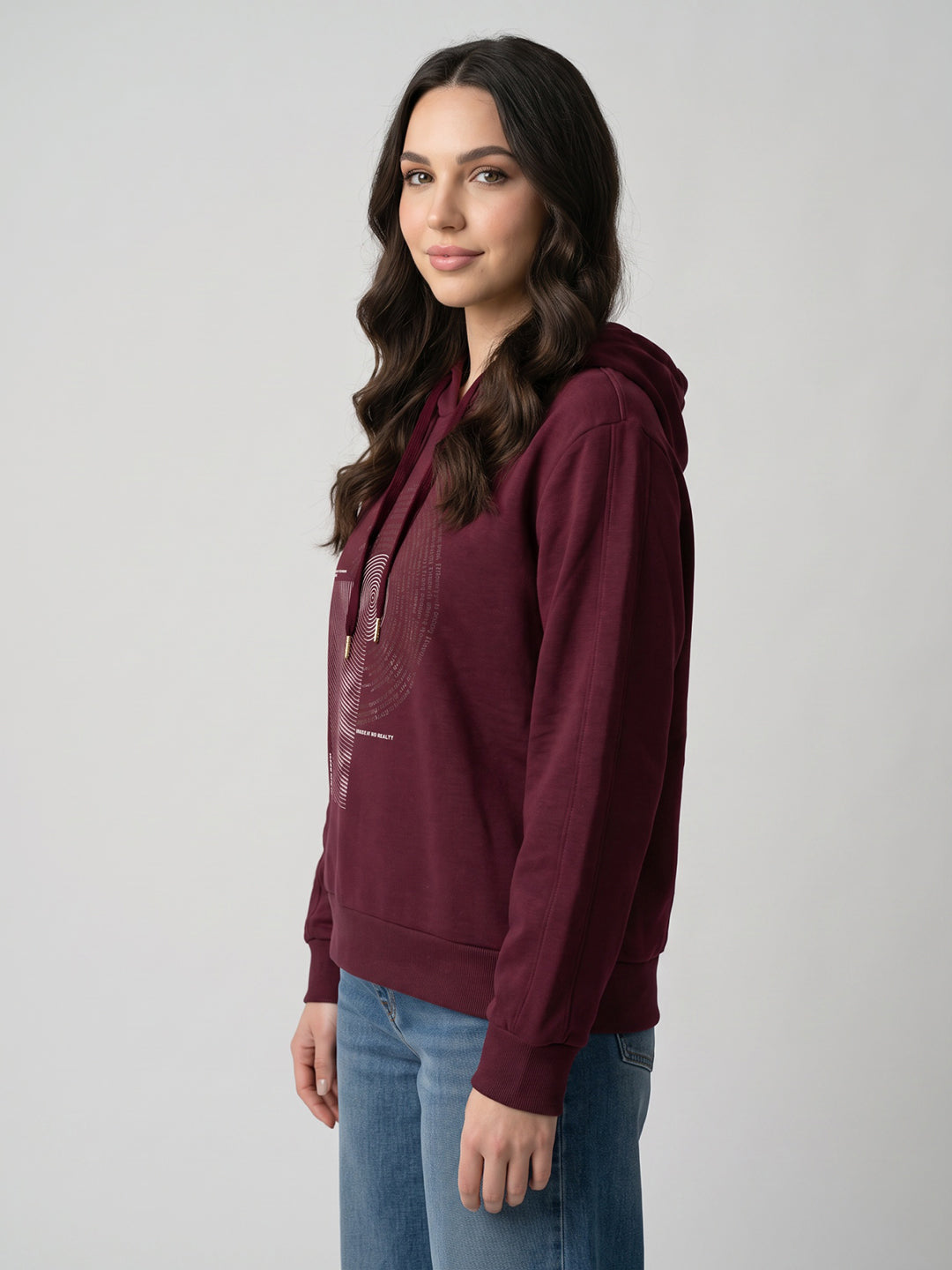 Women Maroon Self Design Hooded Full Sleeve Sweatshirt