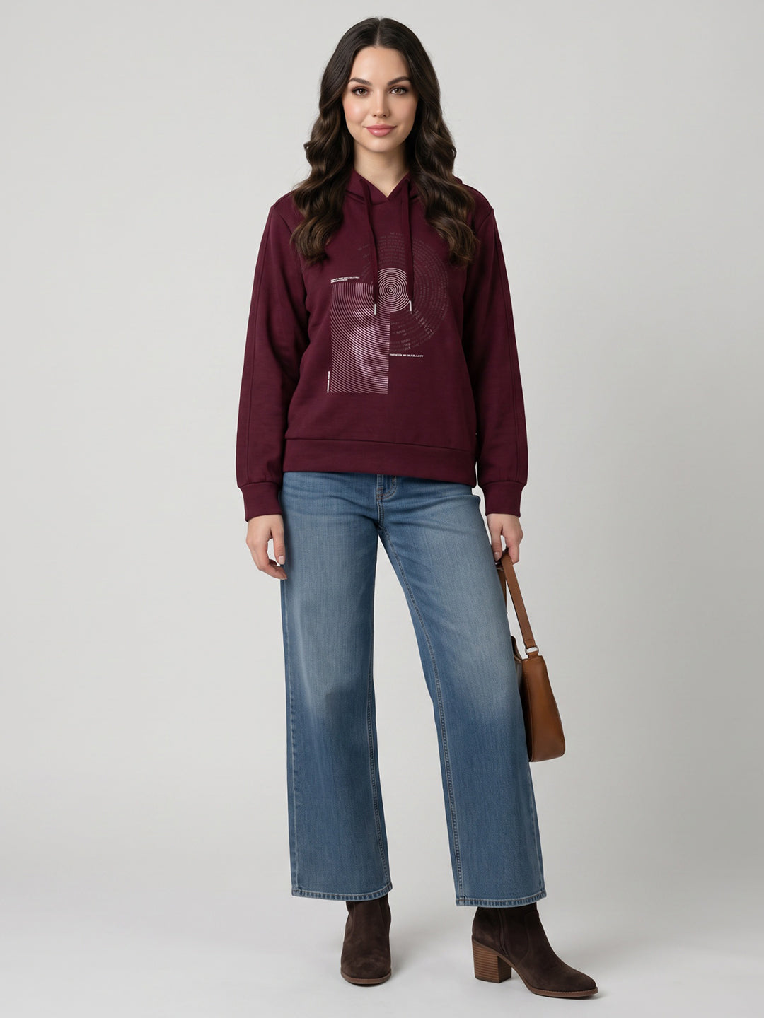 Women Maroon Self Design Hooded Full Sleeve Sweatshirt