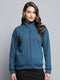 Women Teal Blue Printed Mock Neck Full Sleeve Sweatshirt
