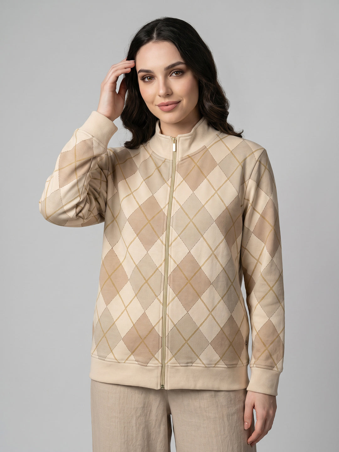 Women Cream Argyle Pattern Stand Collar Full Sleeve Sweatshirt