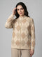 Women Cream Argyle Pattern Stand Collar Full Sleeve Sweatshirt