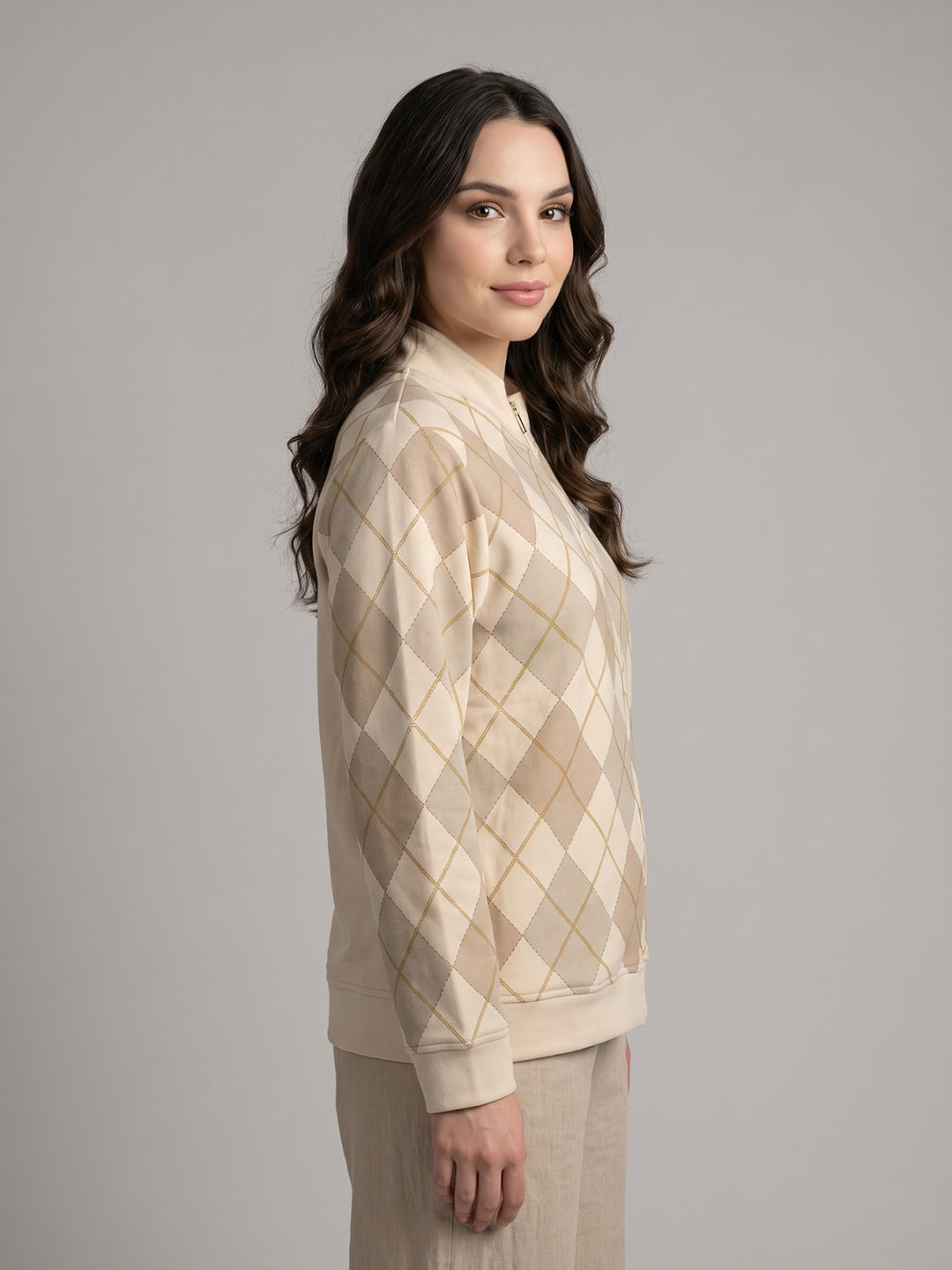 Women Cream Argyle Pattern Stand Collar Full Sleeve Sweatshirt