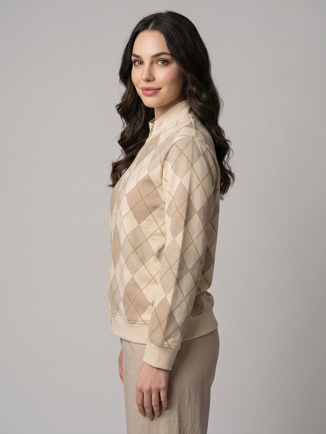 Women Cream Argyle Pattern Stand Collar Full Sleeve Sweatshirt