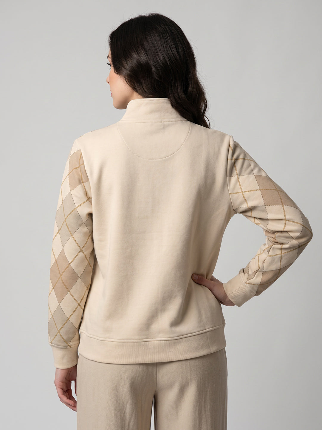 Women Cream Argyle Pattern Stand Collar Full Sleeve Sweatshirt