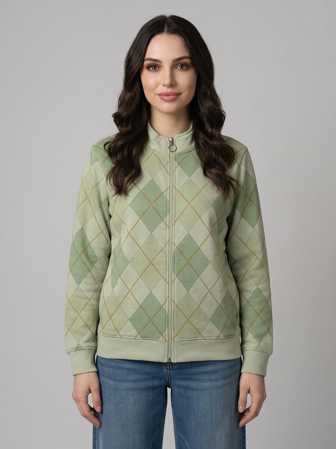 Women Cream Argyle Pattern Stand Collar Full Sleeve Sweatshirt
