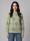 Women Cream Argyle Pattern Stand Collar Full Sleeve Sweatshirt