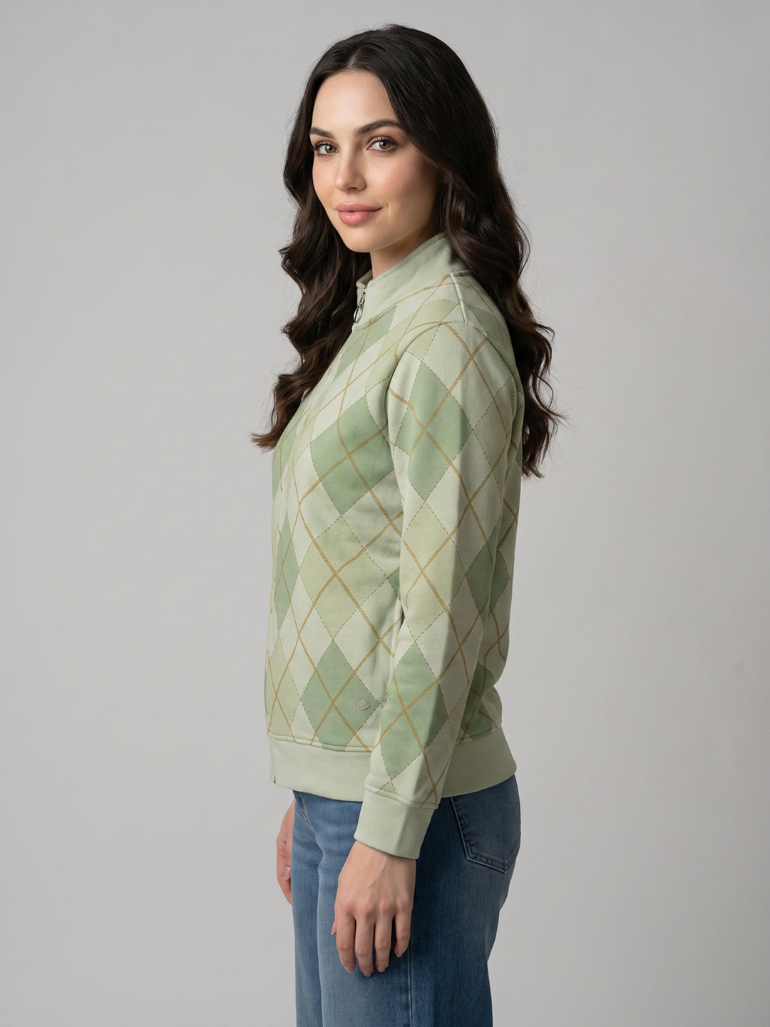 Women Cream Argyle Pattern Stand Collar Full Sleeve Sweatshirt