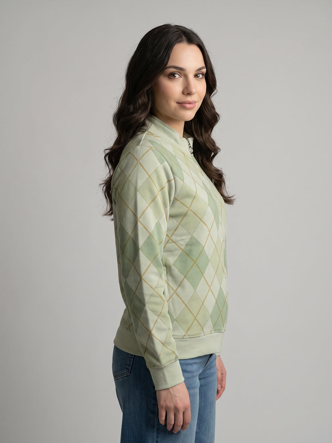 Women Cream Argyle Pattern Stand Collar Full Sleeve Sweatshirt