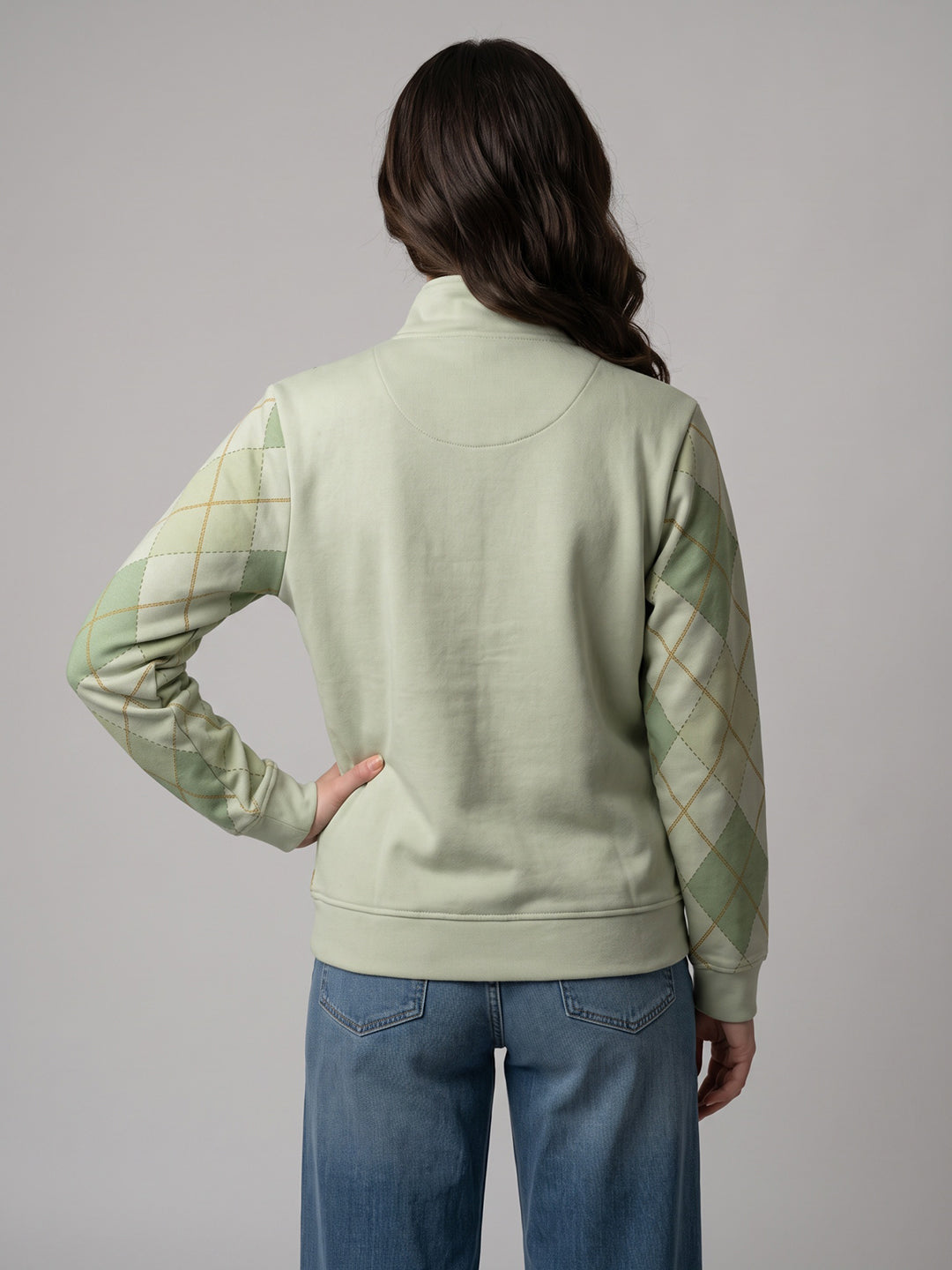 Women Cream Argyle Pattern Stand Collar Full Sleeve Sweatshirt