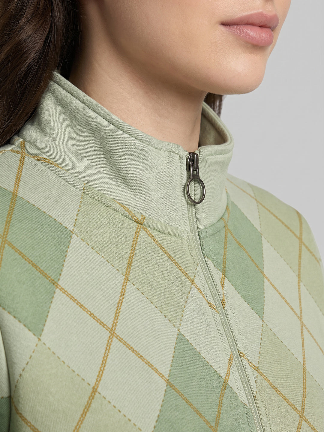 Women Cream Argyle Pattern Stand Collar Full Sleeve Sweatshirt