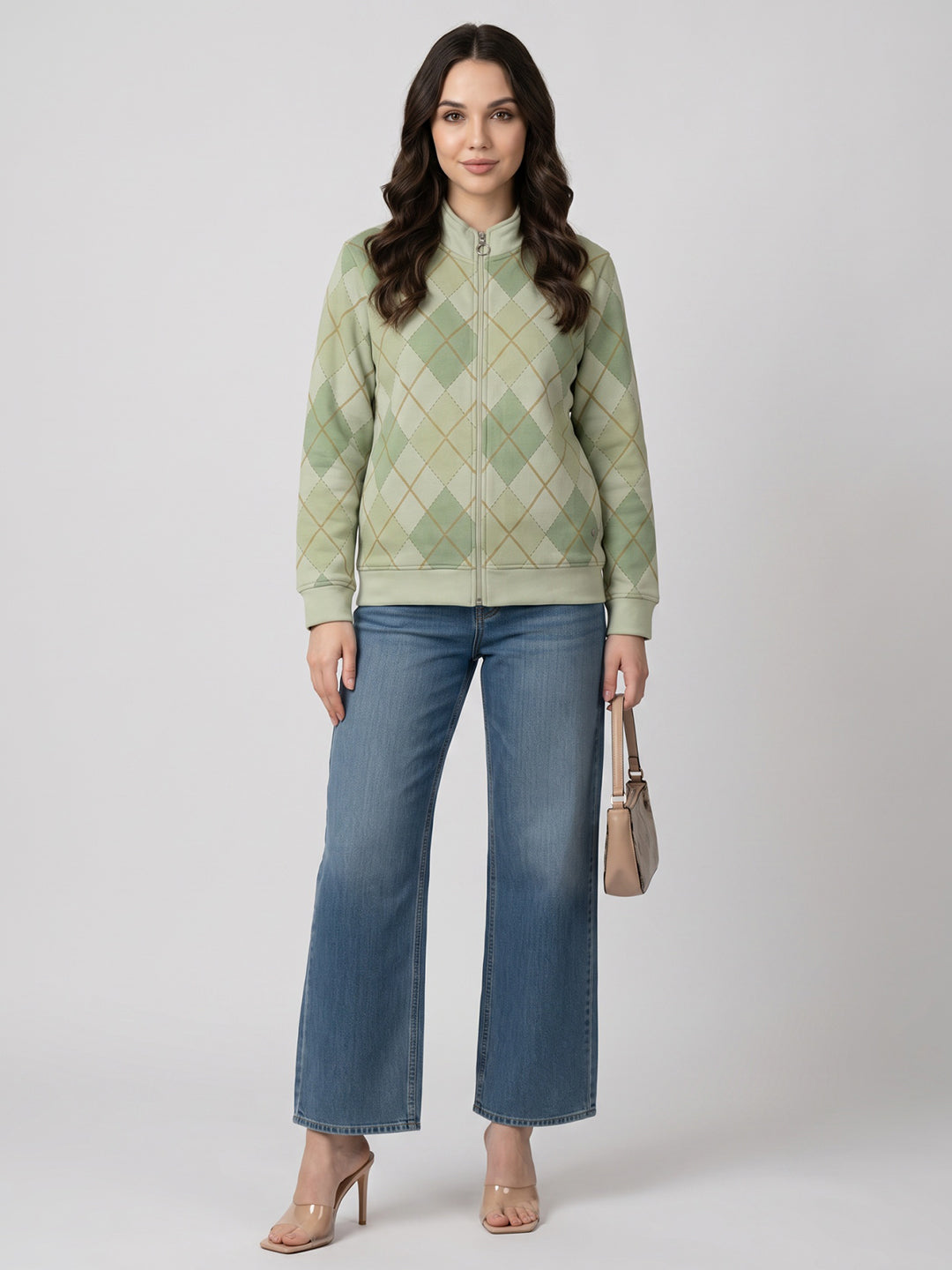 Women Cream Argyle Pattern Stand Collar Full Sleeve Sweatshirt
