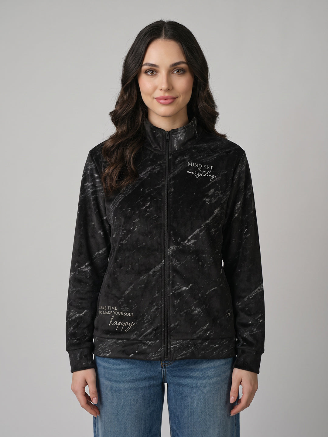 Women Black Printed Mandarin Collar Full Sleeve Sweatshirt