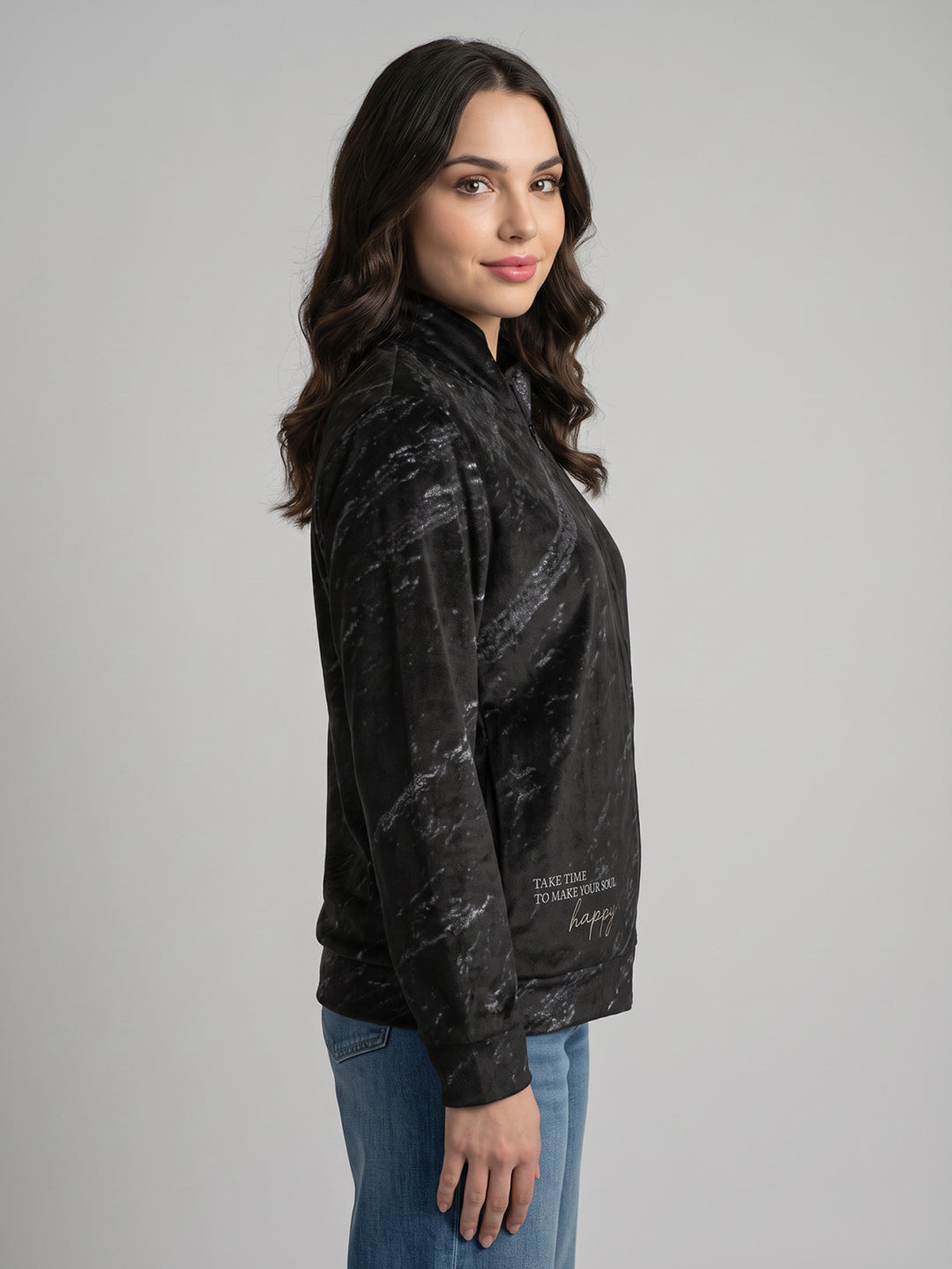 Women Black Printed Mandarin Collar Full Sleeve Sweatshirt