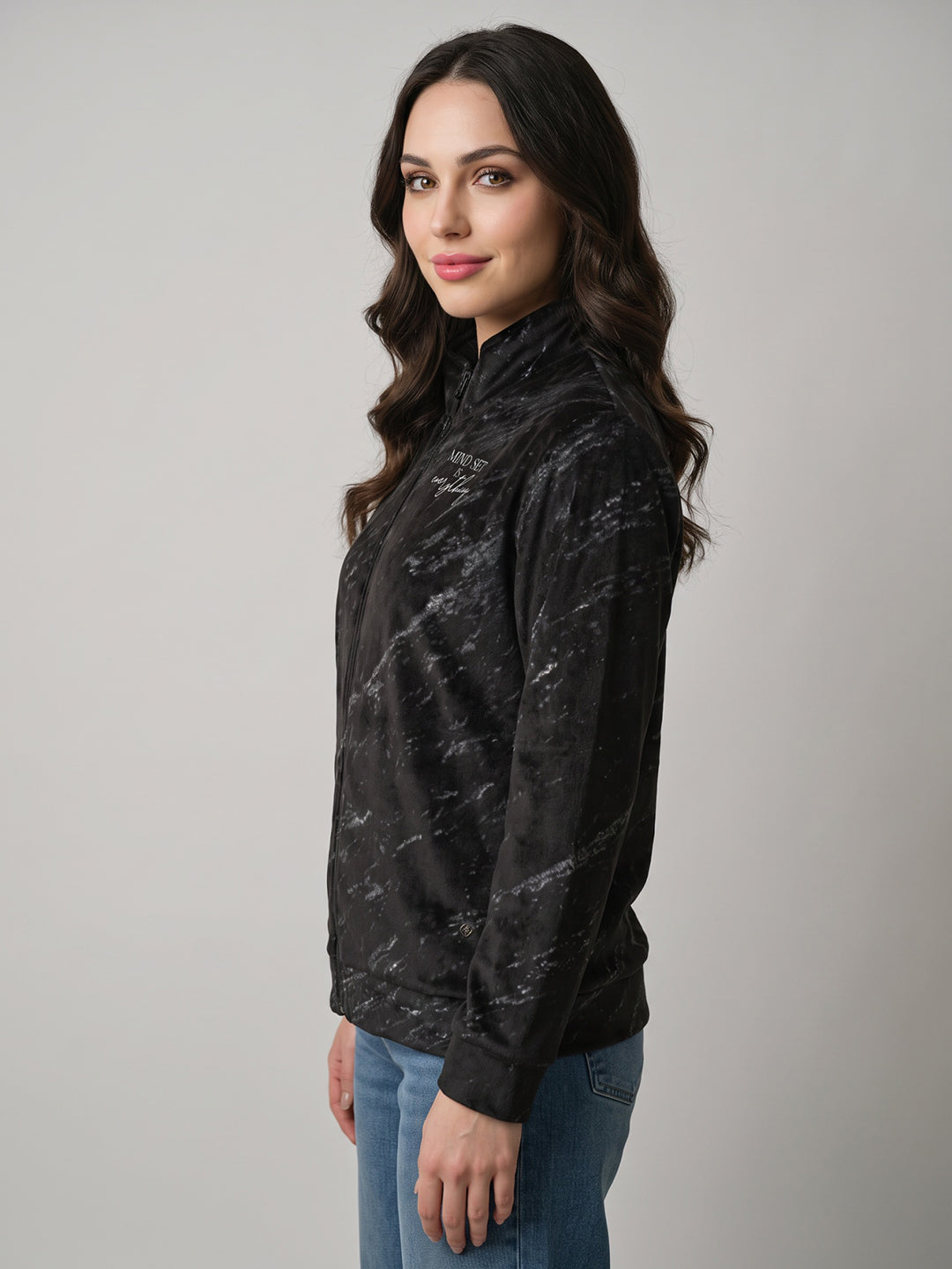 Women Black Printed Mandarin Collar Full Sleeve Sweatshirt