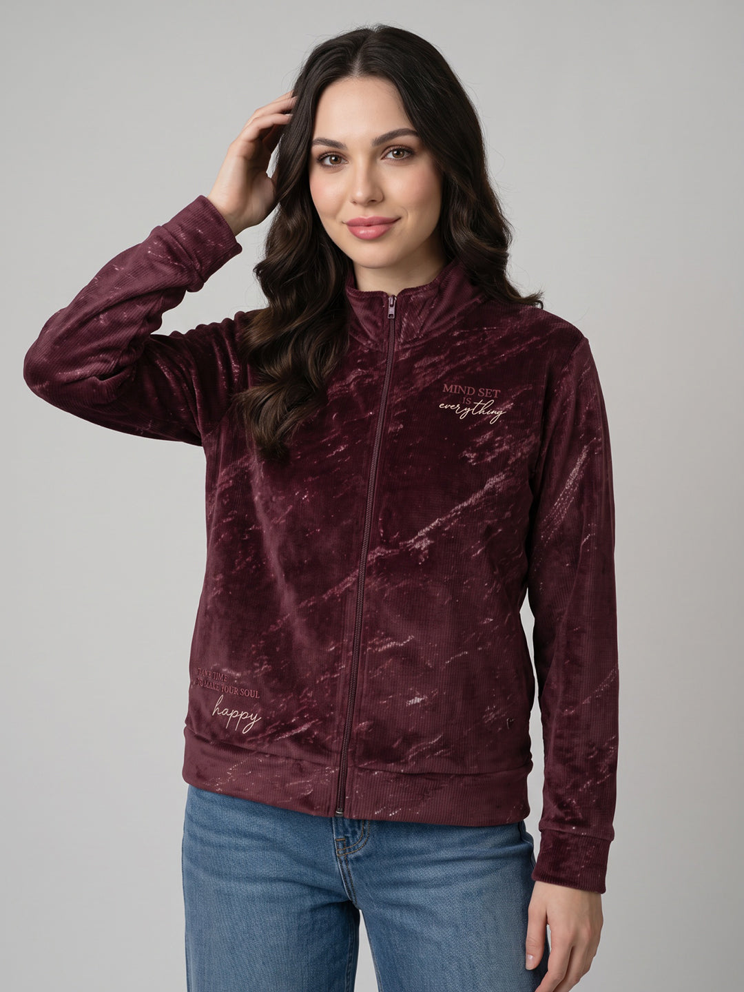 Women Black Printed Mandarin Collar Full Sleeve Sweatshirt