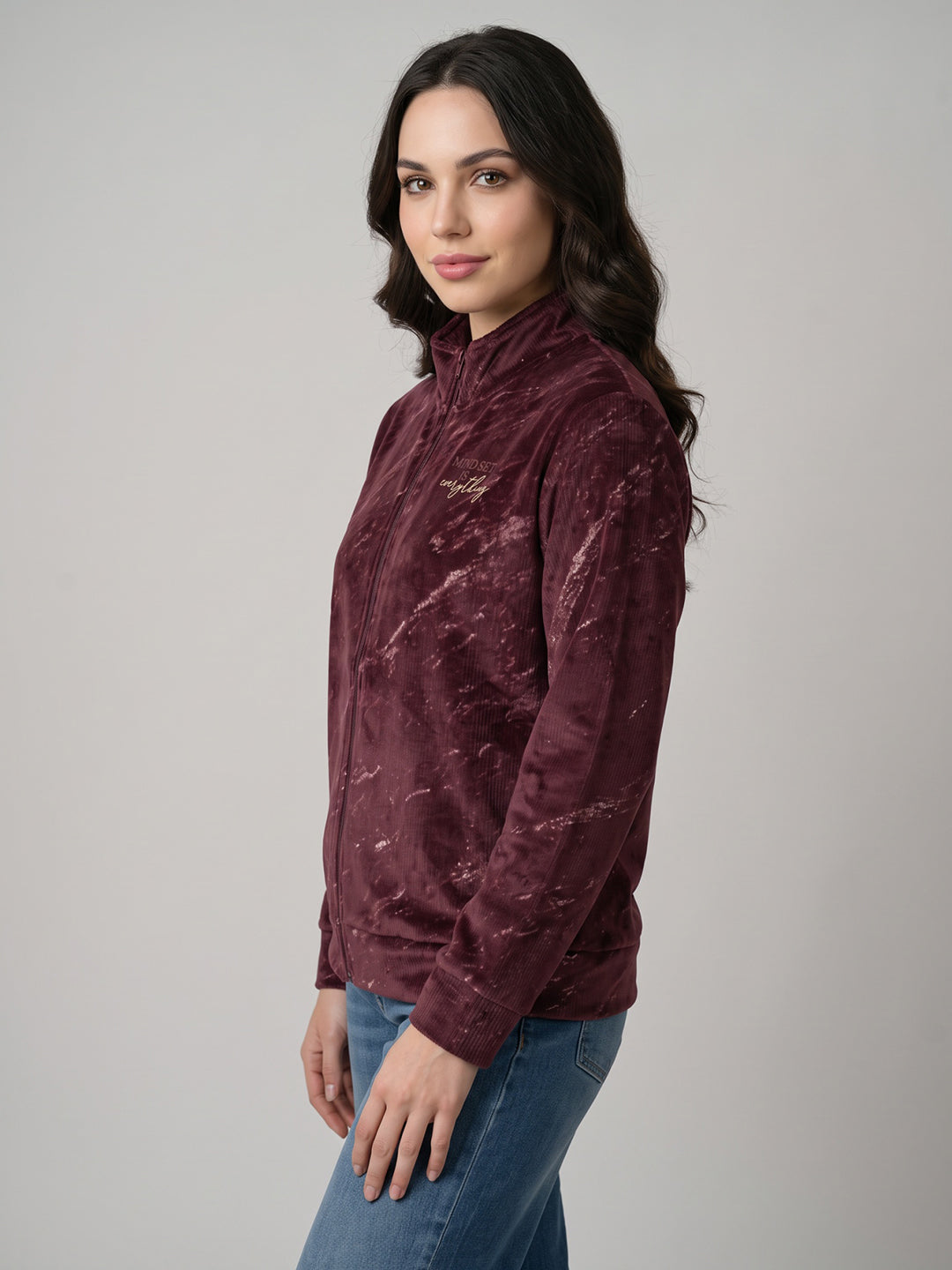 Women Black Printed Mandarin Collar Full Sleeve Sweatshirt