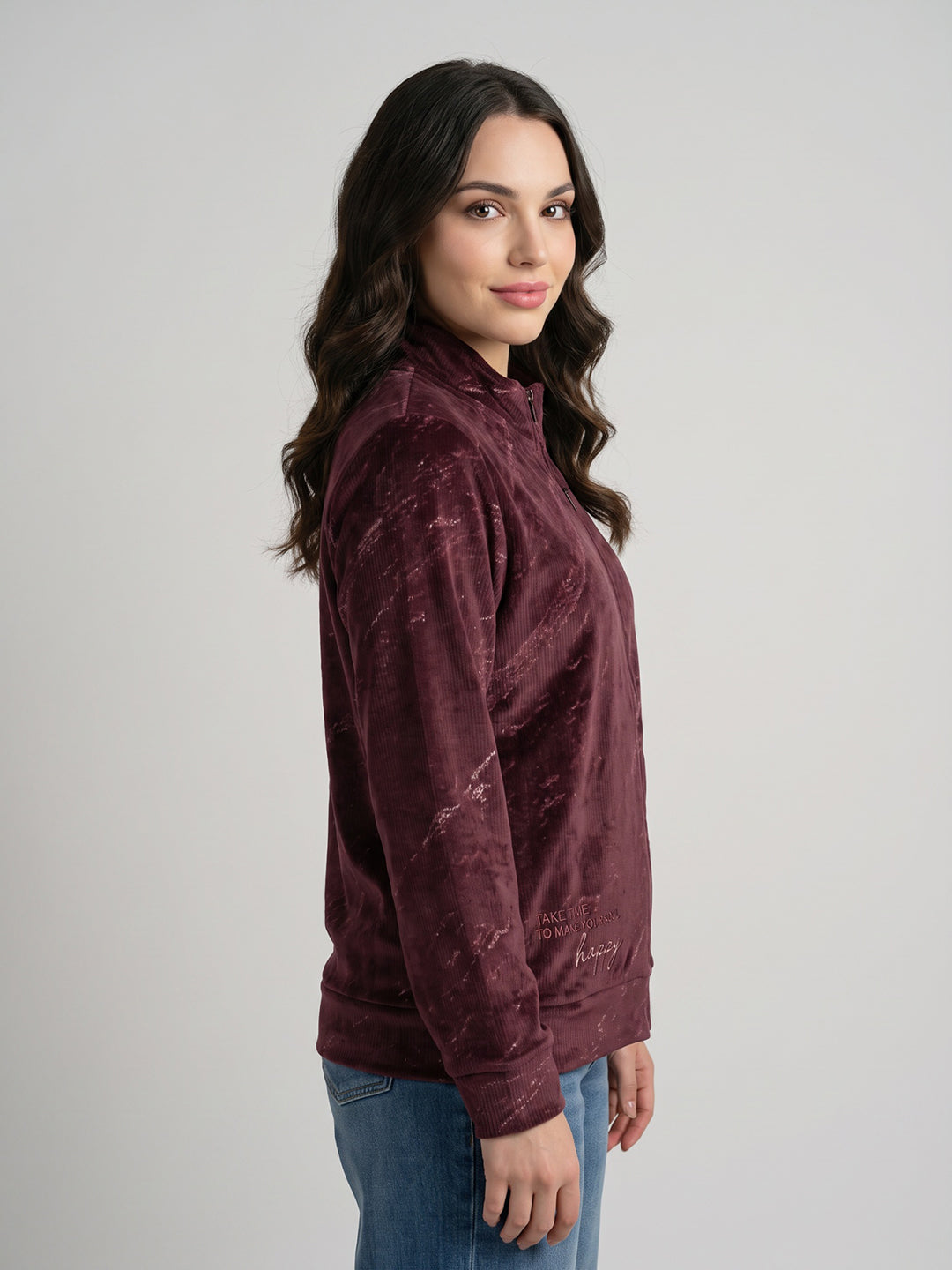 Women Black Printed Mandarin Collar Full Sleeve Sweatshirt