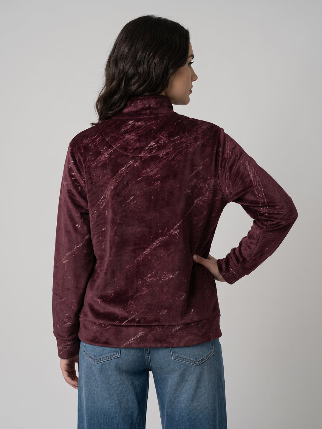 Women Black Printed Mandarin Collar Full Sleeve Sweatshirt