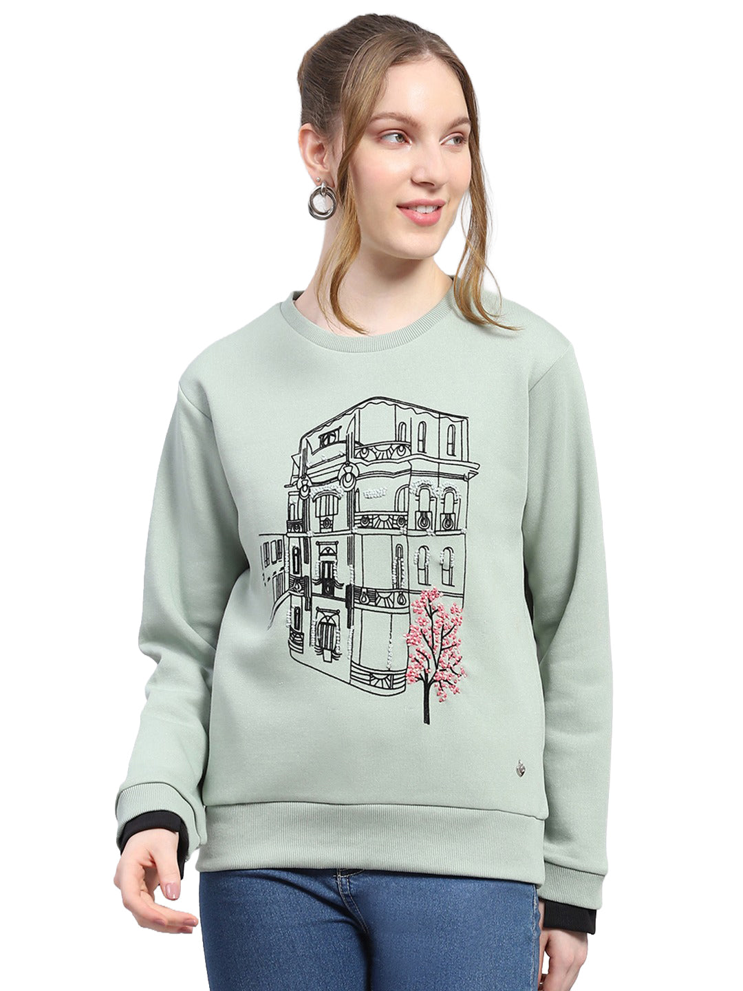 Women Green Printed Round Neck Full Sleeve Sweatshirt