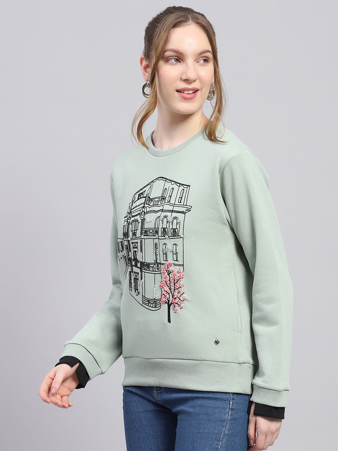 Women Green Printed Round Neck Full Sleeve Sweatshirt