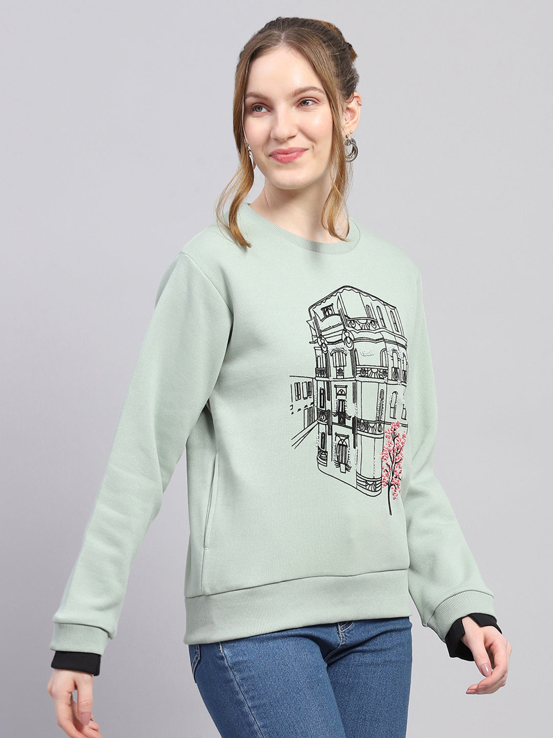 Women Green Printed Round Neck Full Sleeve Sweatshirt