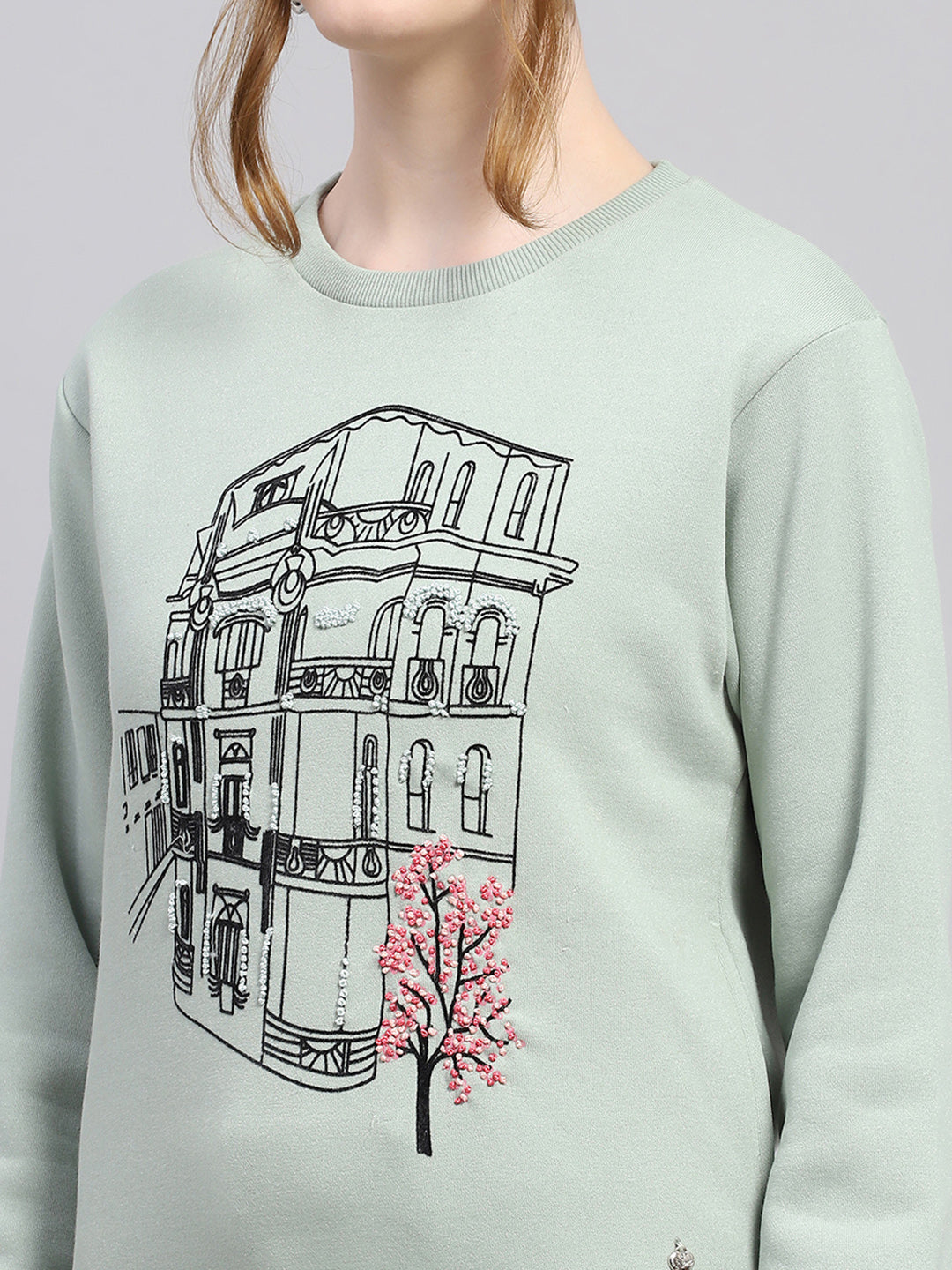 Women Green Printed Round Neck Full Sleeve Sweatshirt
