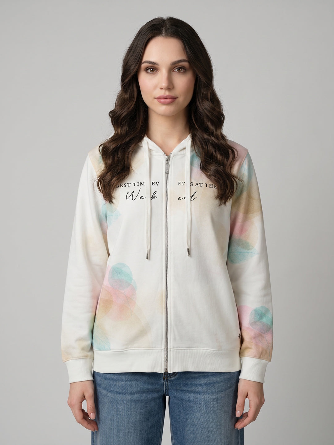 Women White Printed Hooded Full Sleeve Sweatshirt