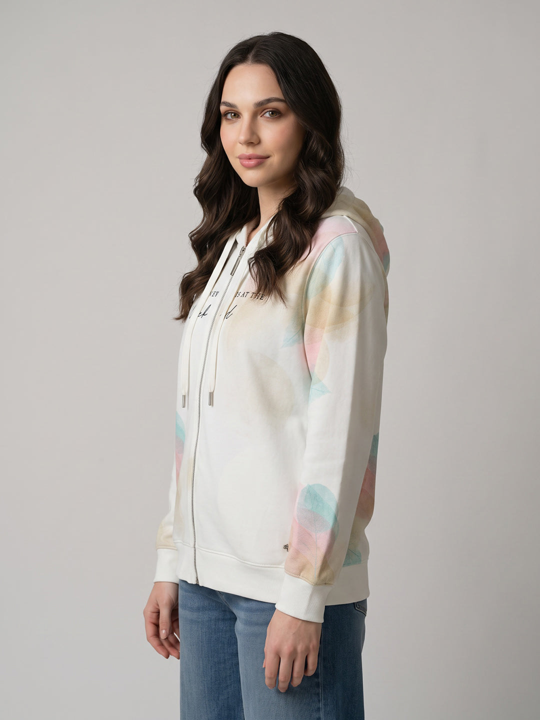Women White Printed Hooded Full Sleeve Sweatshirt