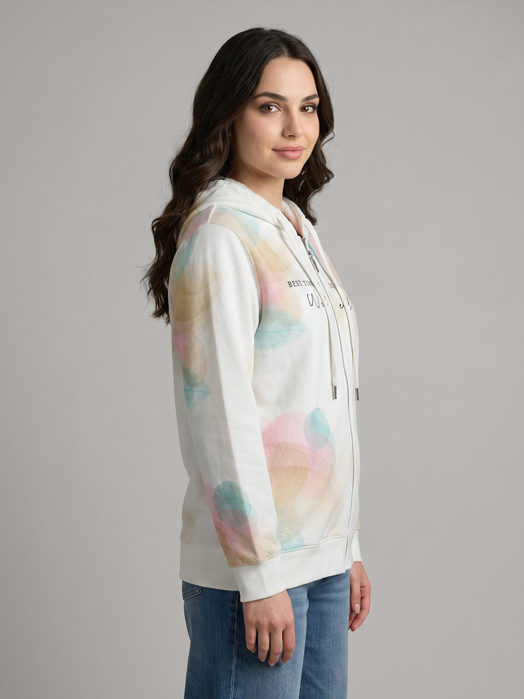 Women White Printed Hooded Full Sleeve Sweatshirt