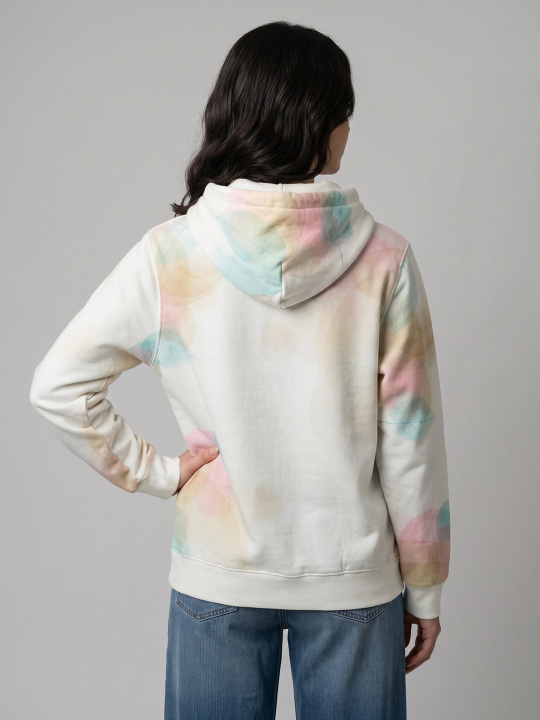 Women White Printed Hooded Full Sleeve Sweatshirt