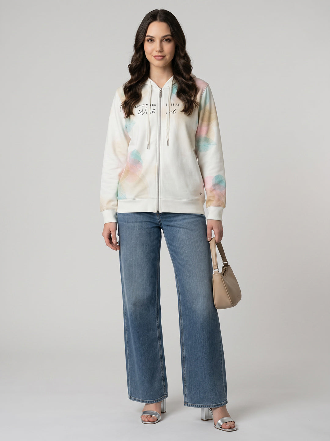 Women White Printed Hooded Full Sleeve Sweatshirt