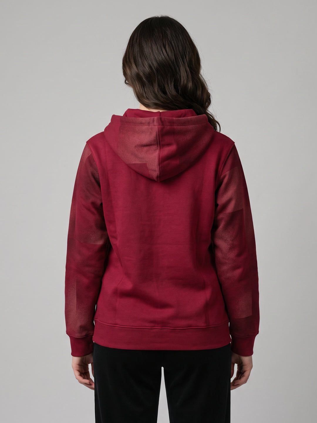 Women Maroon Self Design Hooded Full Sleeve Sweatshirt