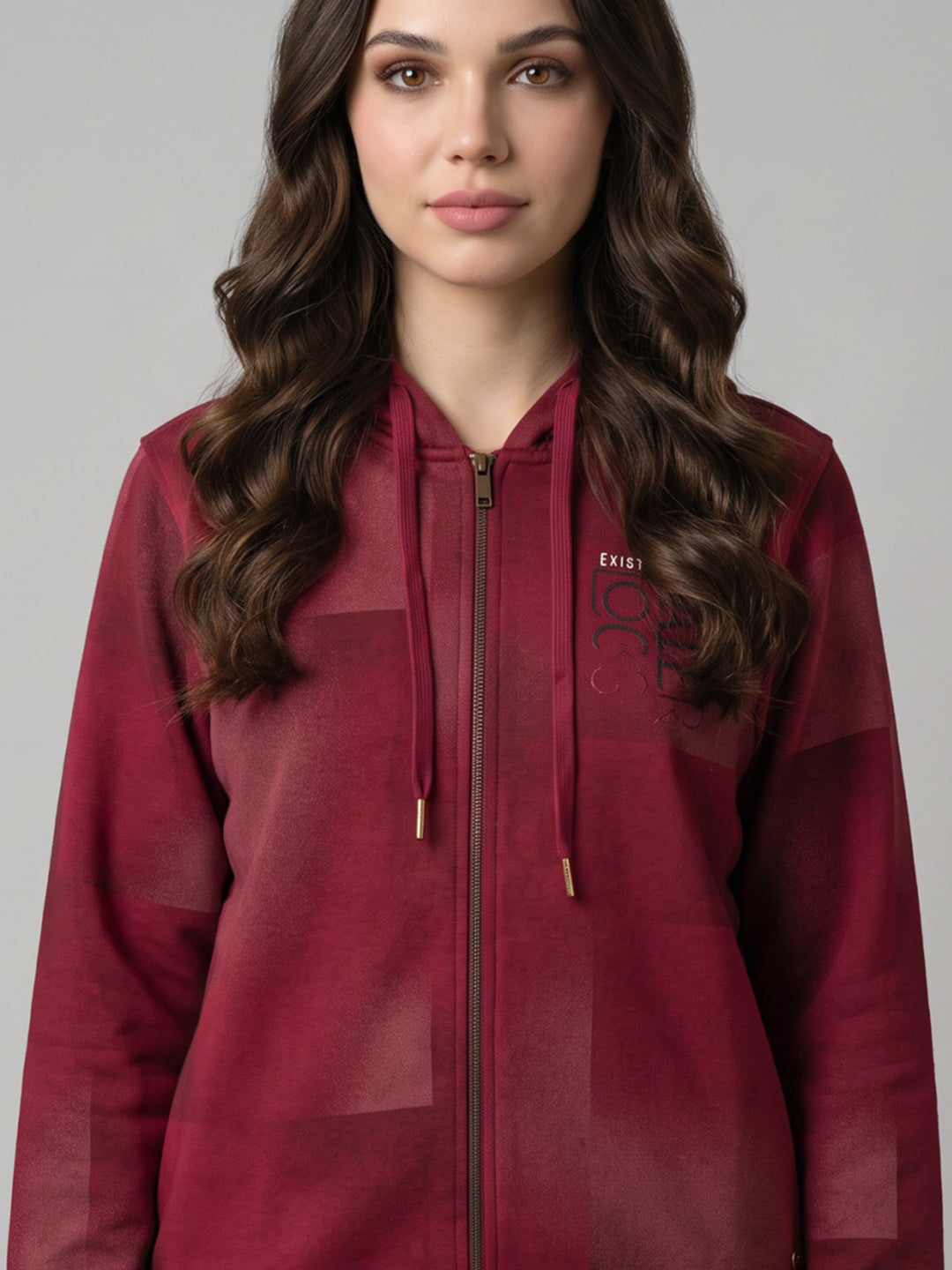 Women Maroon Self Design Hooded Full Sleeve Sweatshirt