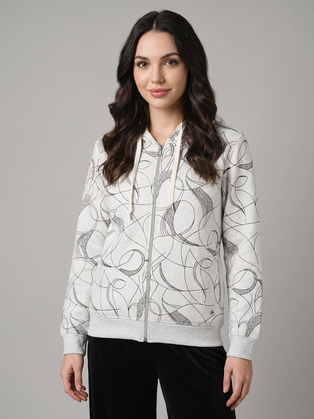Women White Printed Hooded Full Sleeve Sweatshirt