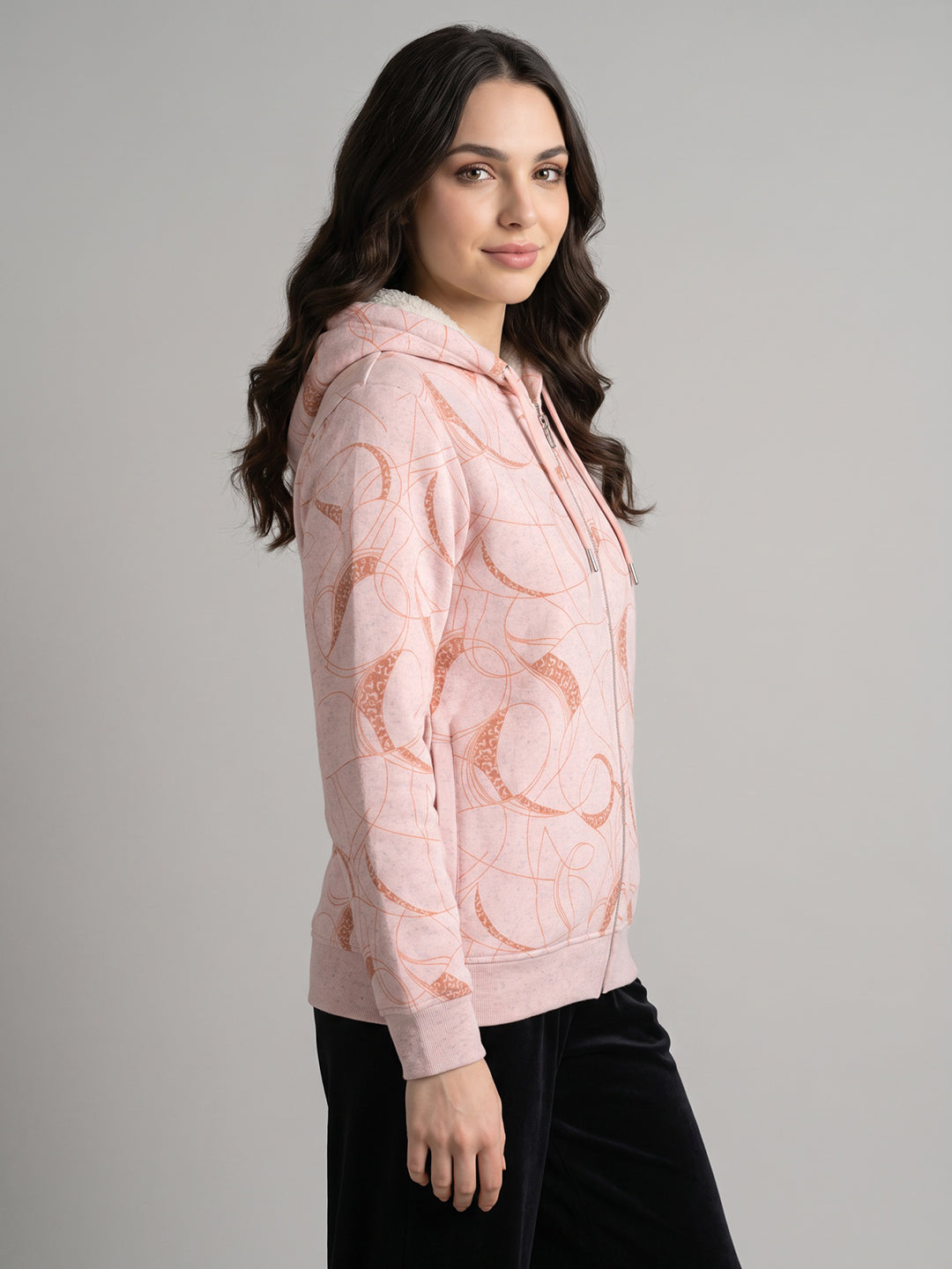 Women Pink Printed Hooded Full Sleeve Sweatshirt