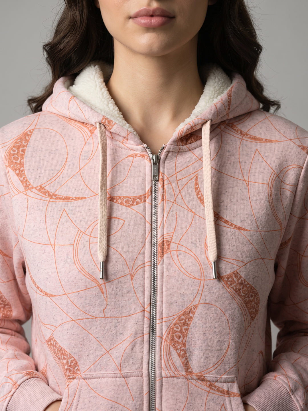 Women Pink Printed Hooded Full Sleeve Sweatshirt
