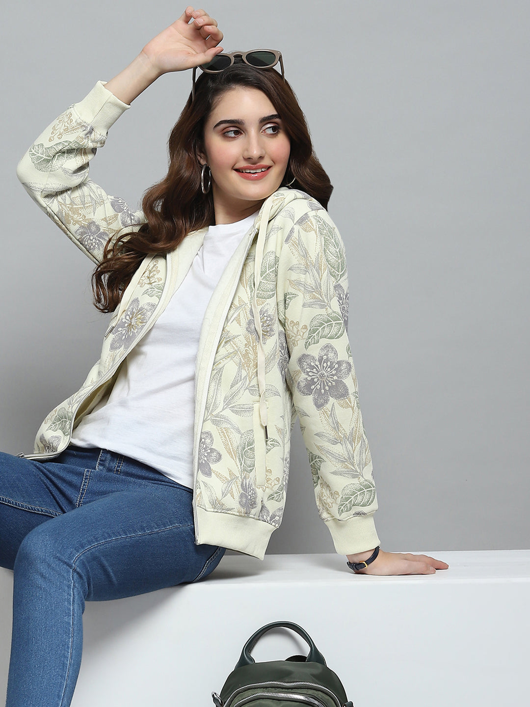 Women Cream Printed Hooded Full Sleeve Sweatshirt