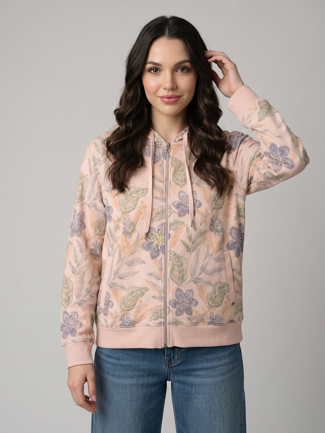 Women Peach Printed Hooded Full Sleeve Sweatshirt