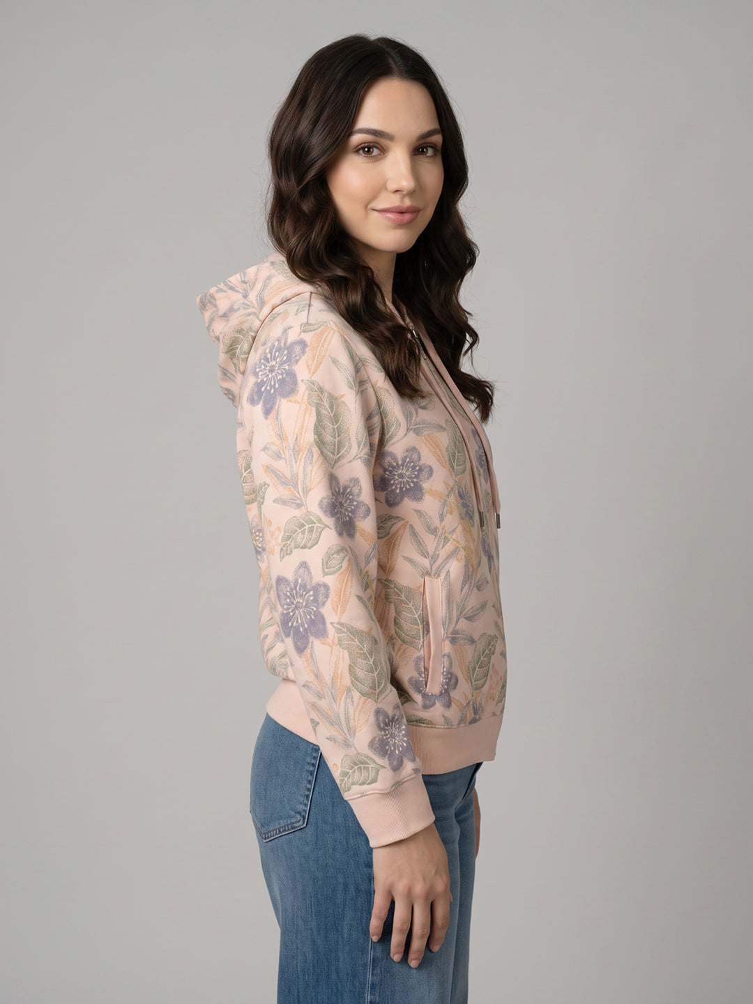 Women Peach Printed Hooded Full Sleeve Sweatshirt