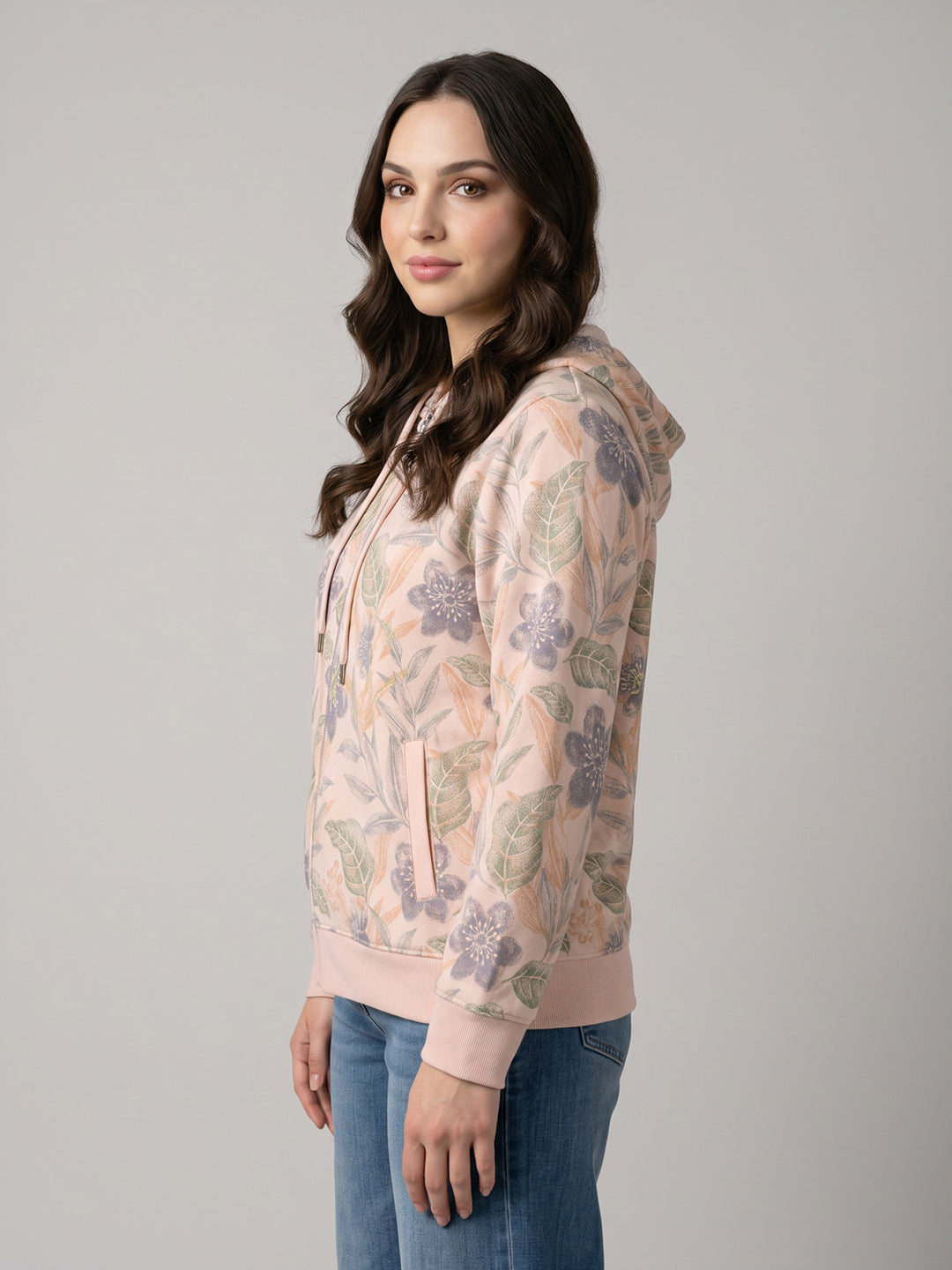 Women Peach Printed Hooded Full Sleeve Sweatshirt