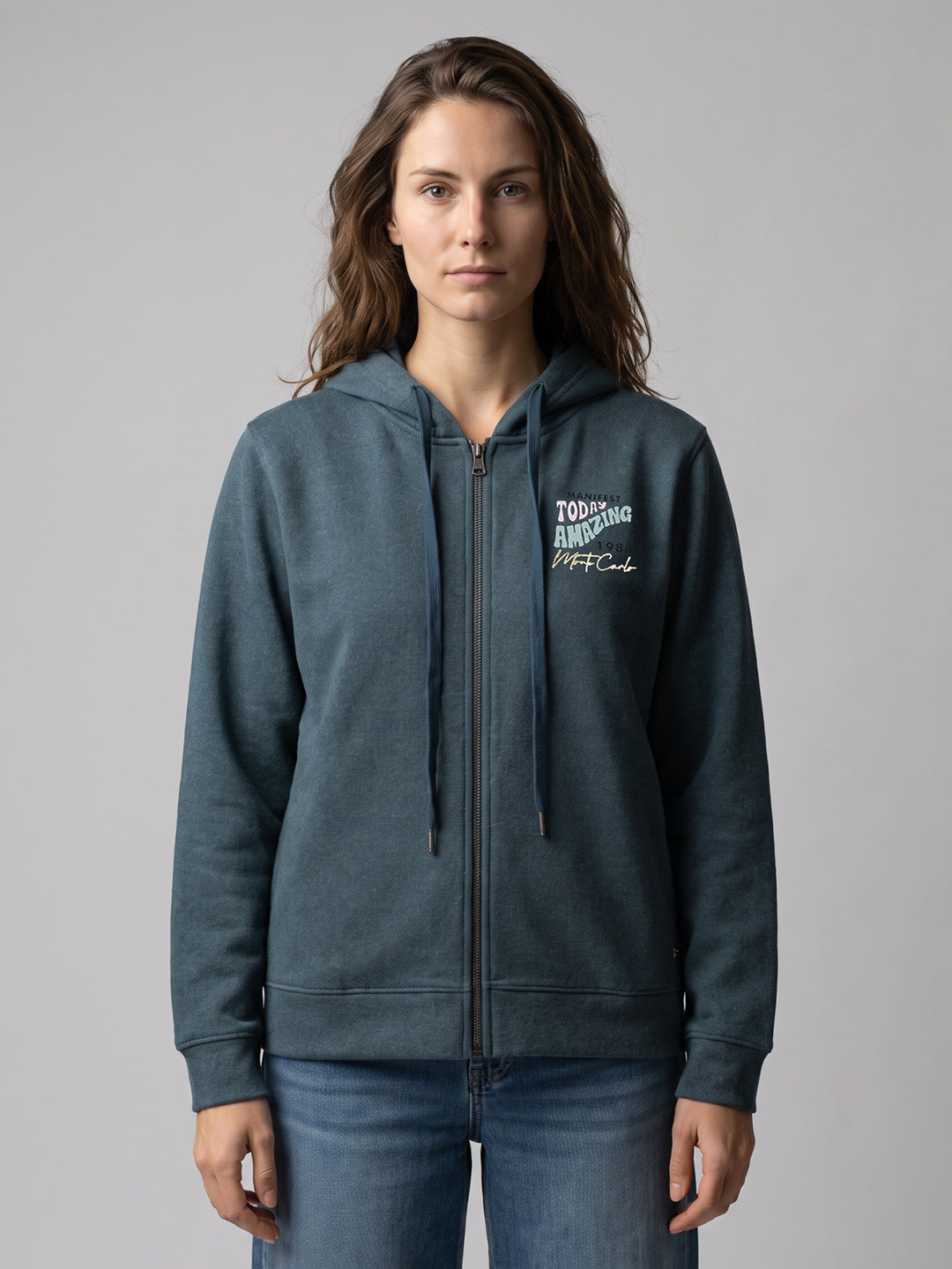 Women Blue Printed Hooded Full Sleeve Sweatshirt
