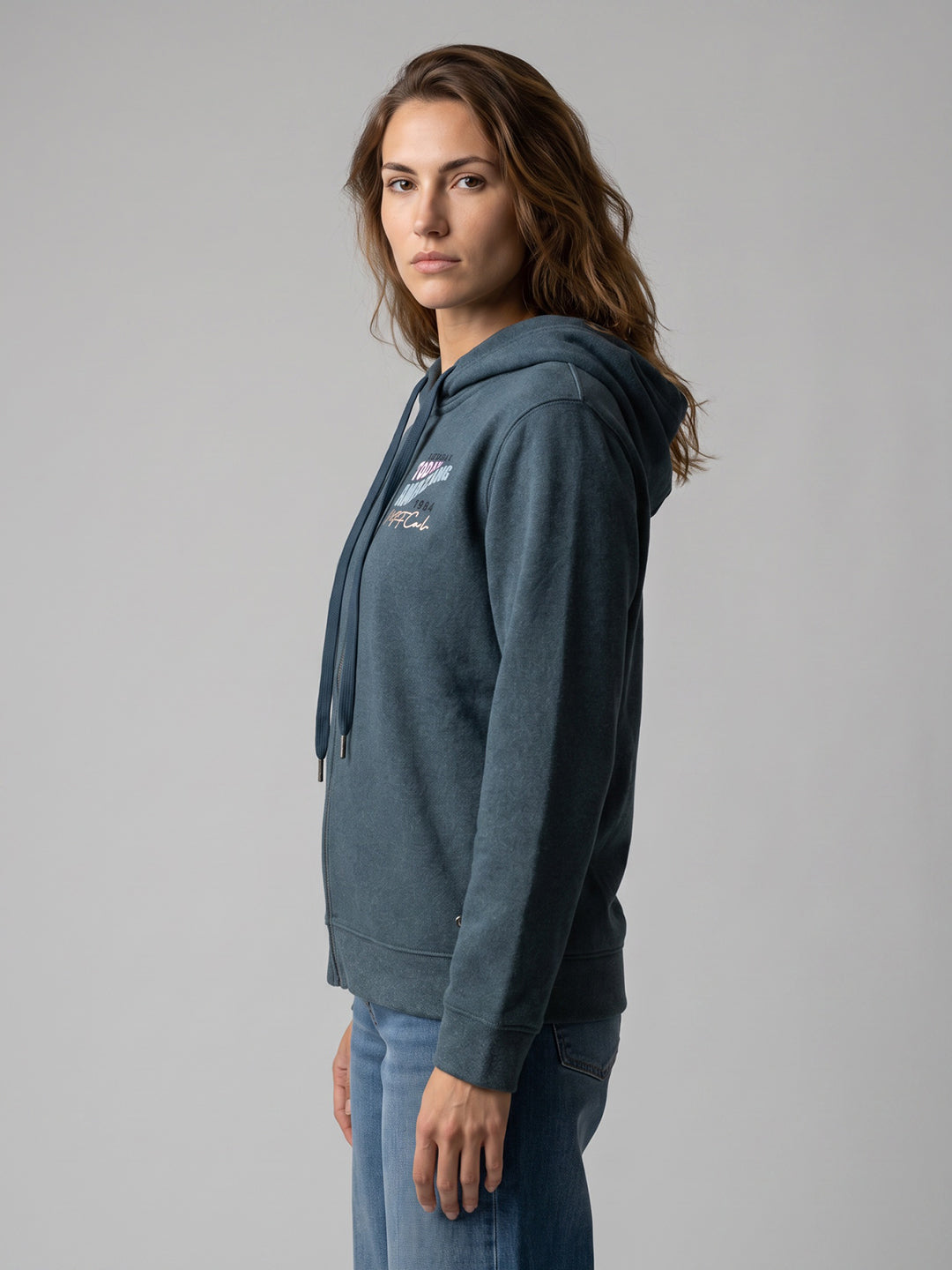 Women Blue Printed Hooded Full Sleeve Sweatshirt