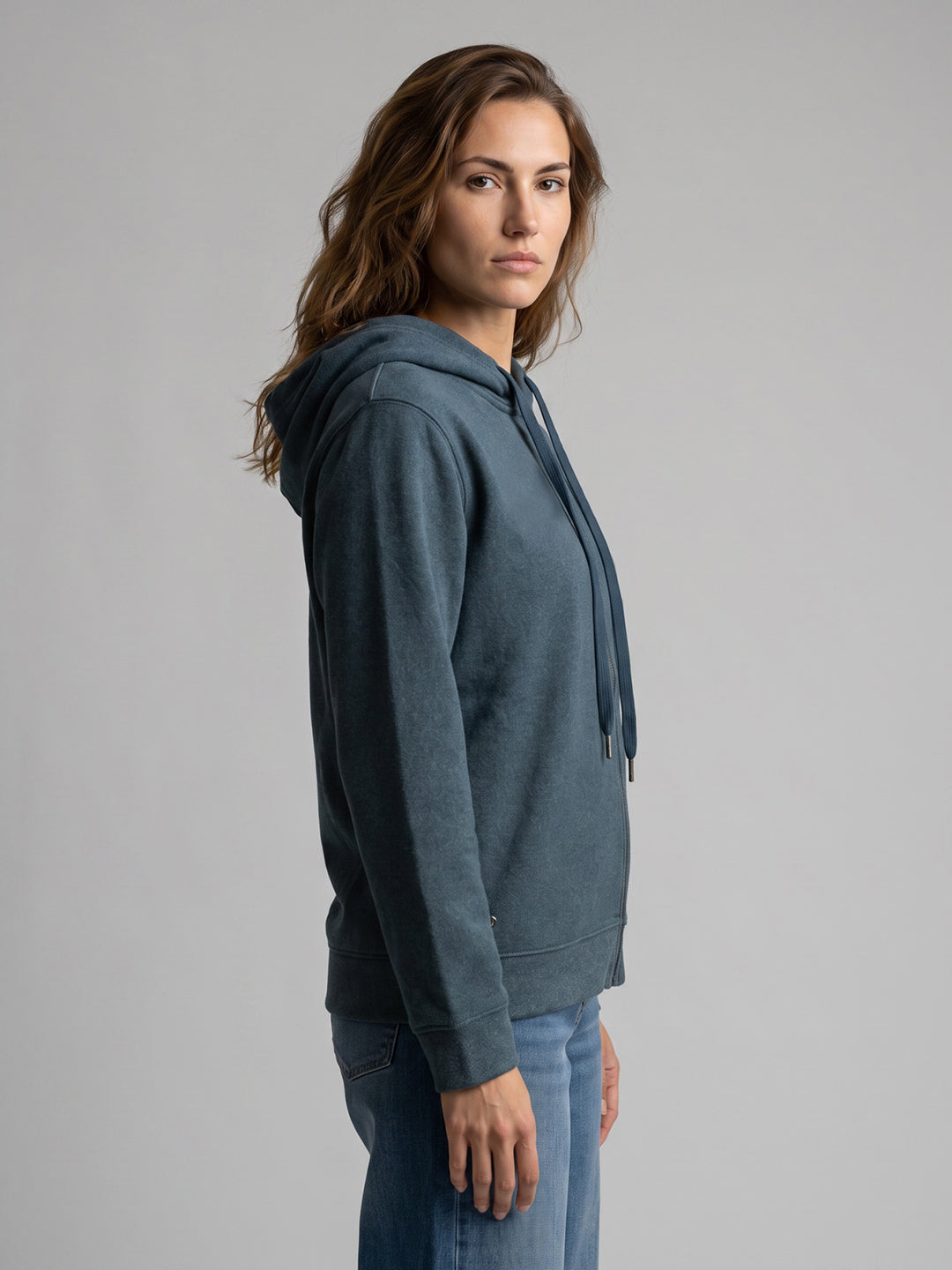 Women Blue Printed Hooded Full Sleeve Sweatshirt