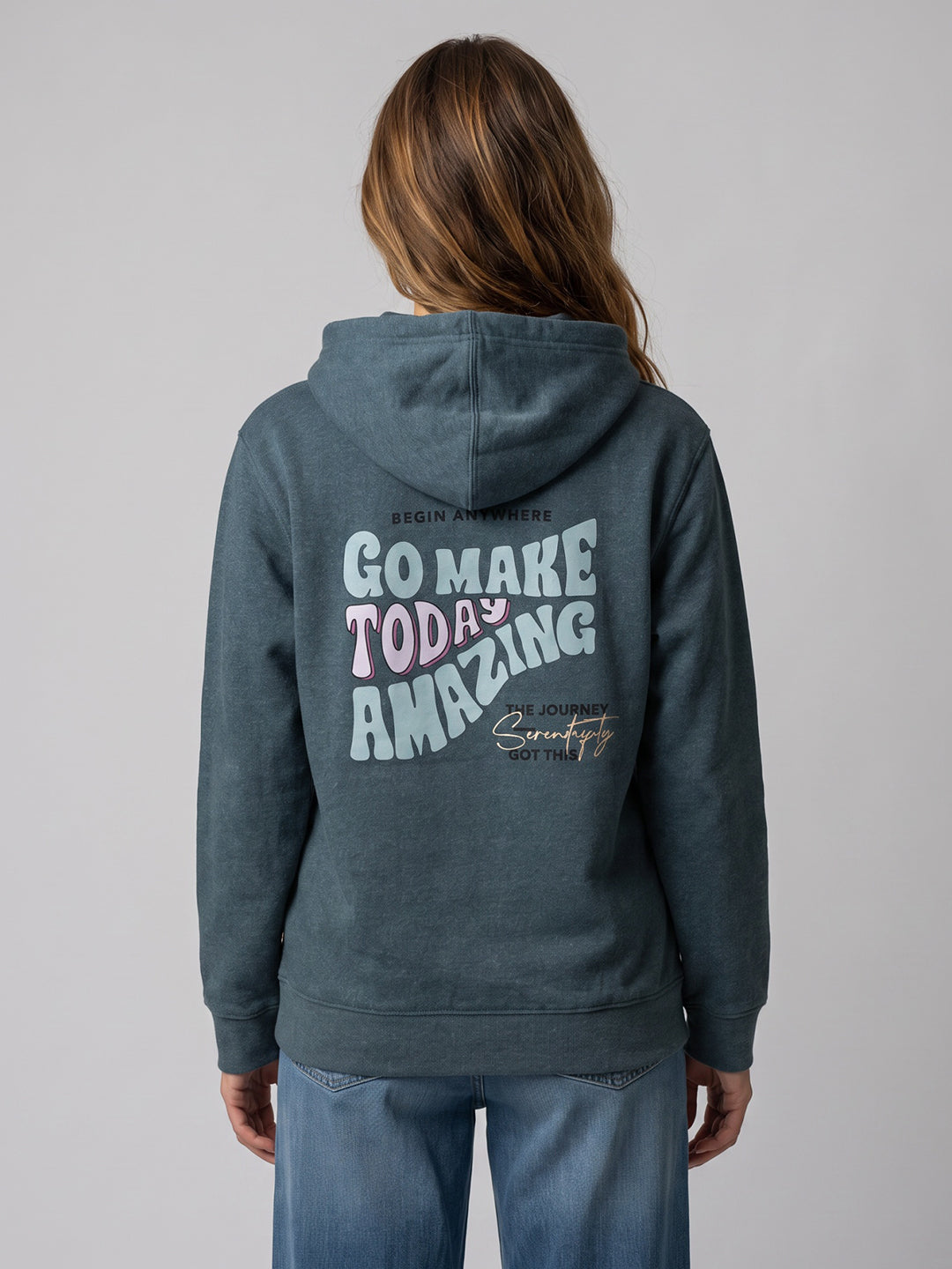 Women Blue Printed Hooded Full Sleeve Sweatshirt