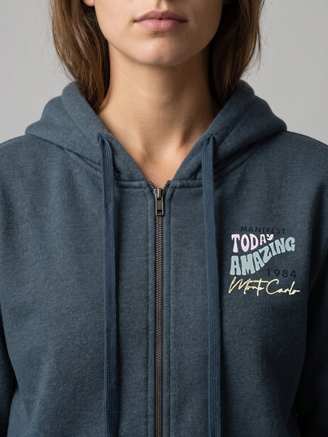 Women Blue Printed Hooded Full Sleeve Sweatshirt