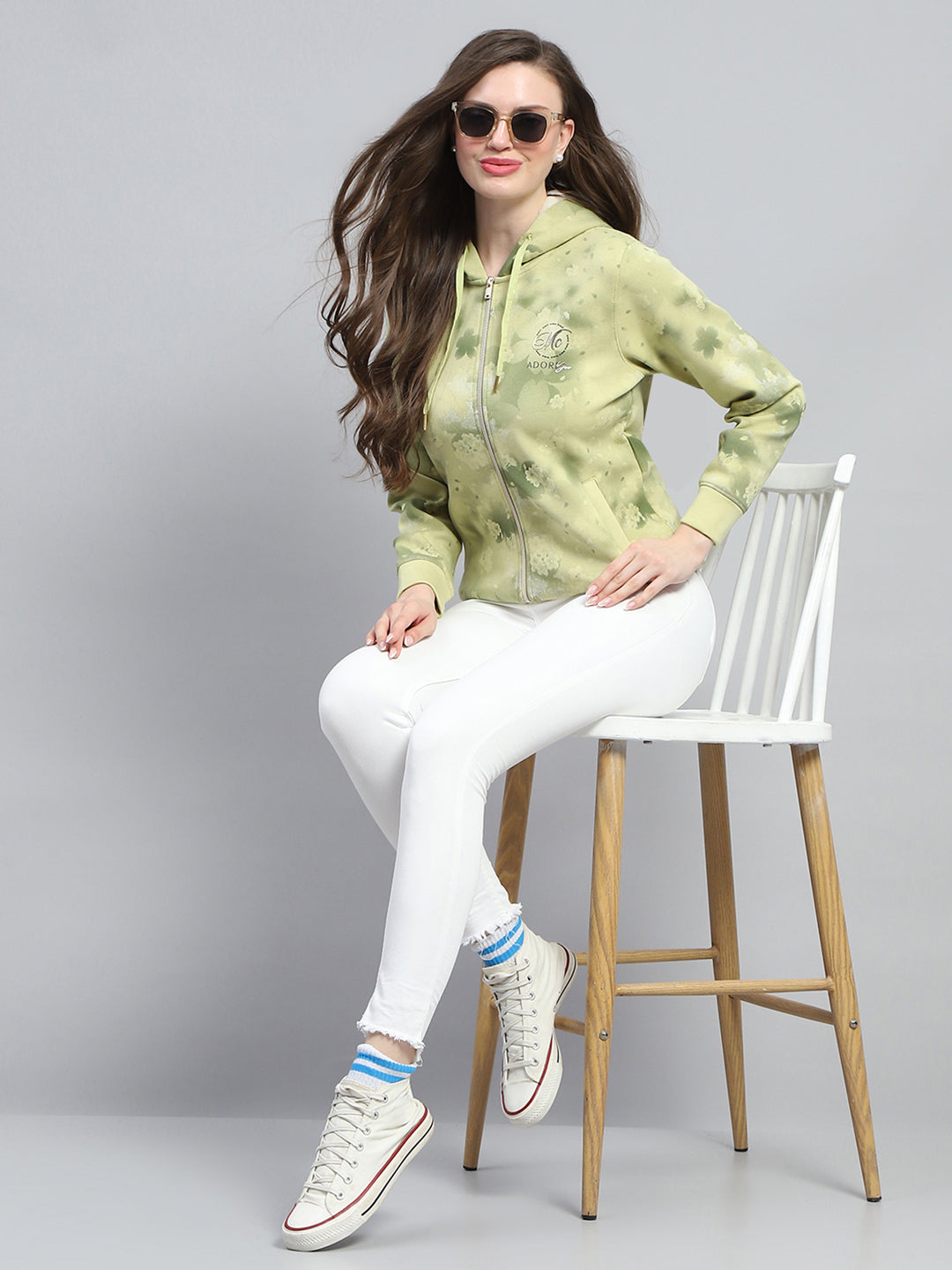 Women Green Printed Hooded Full Sleeve Sweatshirt