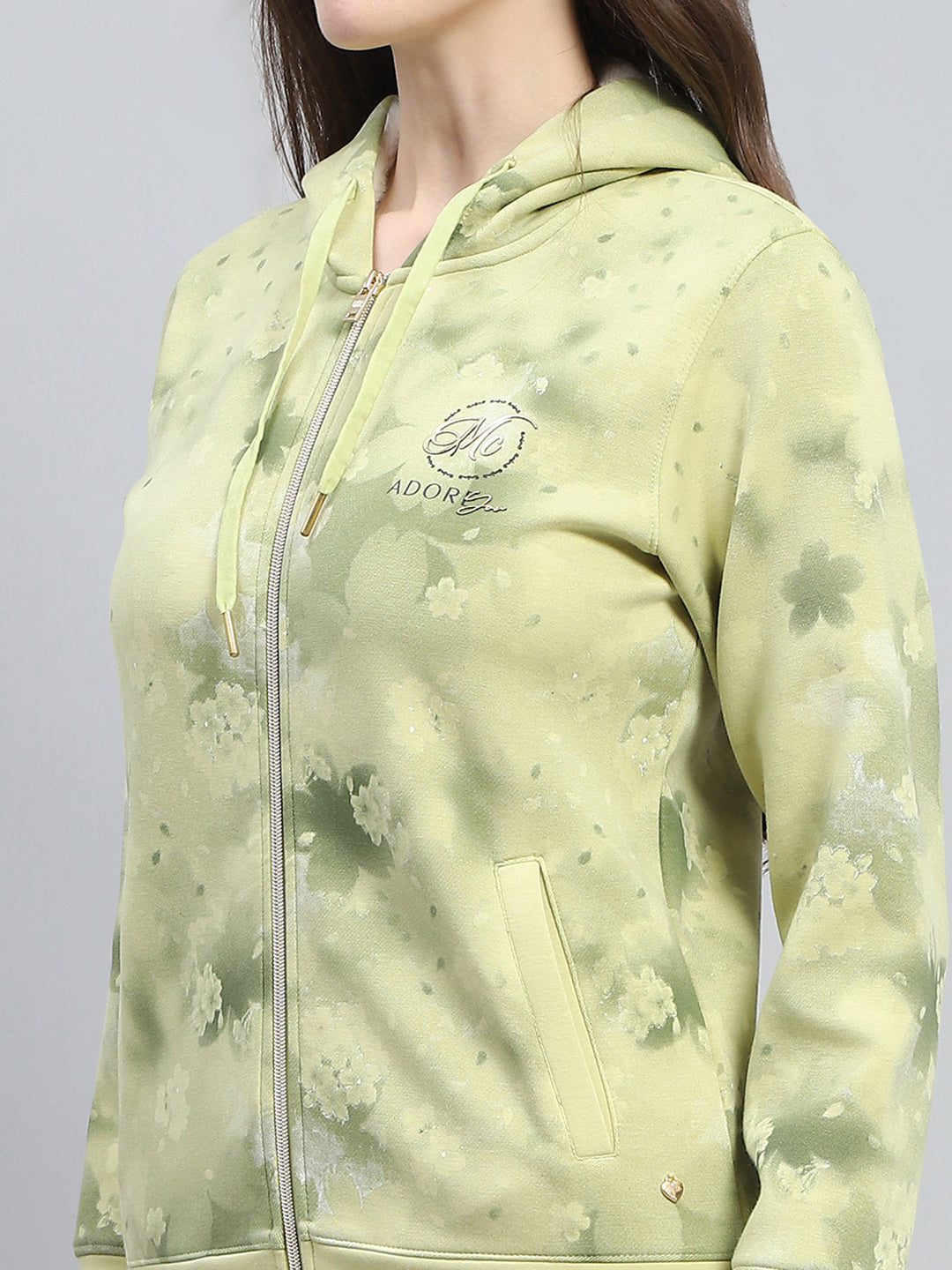 Women Green Printed Hooded Full Sleeve Sweatshirt
