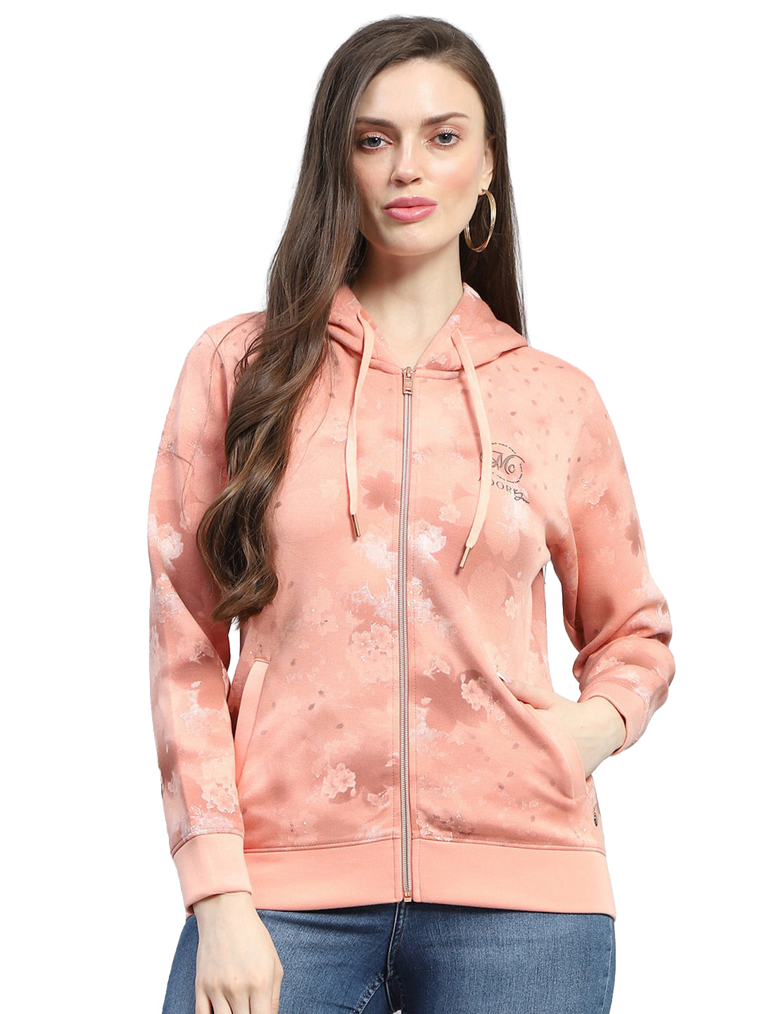 Women Peach Printed Hooded Full Sleeve Sweatshirt