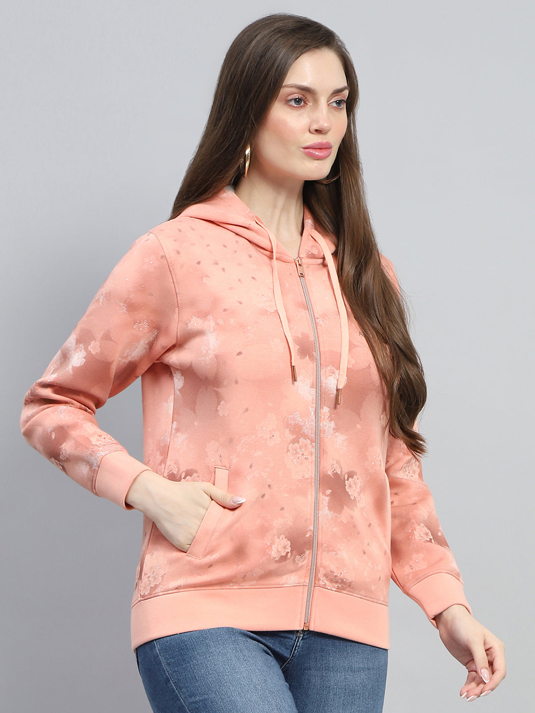 Women Peach Printed Hooded Full Sleeve Sweatshirt